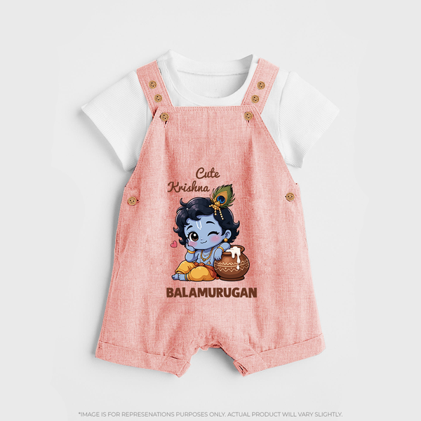 Cute Krishna Makhan Matki Print Dungaree - PEACH - 0 - 5 Months Old (Chest 18")