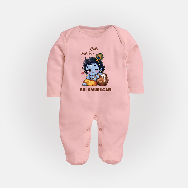 Cute Krishna Makhan Matki Print Fullbody suit - BABY PINK - New Born (Chest 7.5")