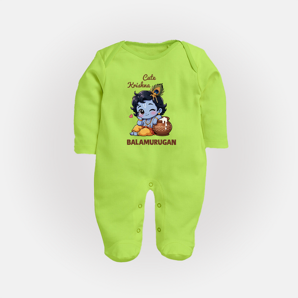 Cute Krishna Makhan Matki Print Fullbody suit - LIME GREEN - New Born (Chest 7.5")