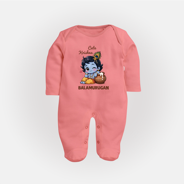 Cute Krishna Makhan Matki Print Fullbody suit - PEACH - New Born (Chest 7.5")