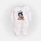 Cute Krishna Makhan Matki Print Fullbody suit - WHITE - New Born (Chest 7.5")