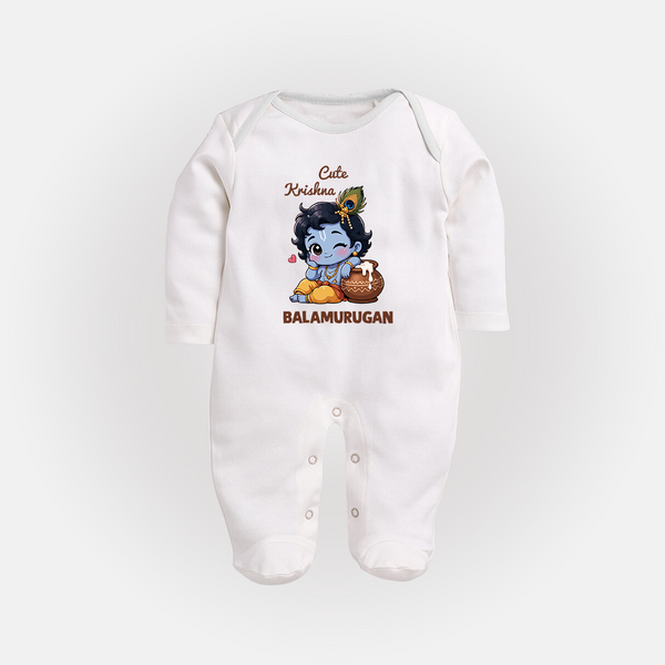 Cute Krishna Makhan Matki Print Fullbody suit - WHITE - New Born (Chest 7.5")