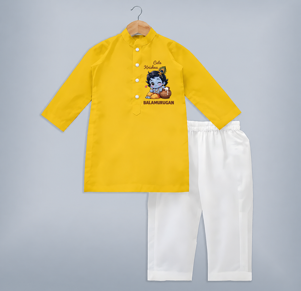 Cute Krishna Makhan Matki Print Kurta - CHROME YELLOW - 3 - 6 Months Old (Chest 24", Kurta Length 14'', Waist 19", Pant Length 14")