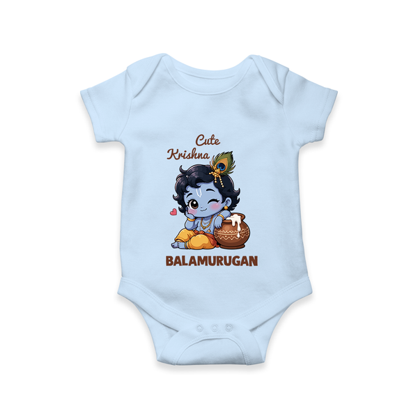 Cute Krishna Makhan Matki Print Romper - BABY BLUE - New Born (Chest 14")