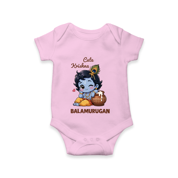 Cute Krishna Makhan Matki Print Romper - BABY PINK - New Born (Chest 14")