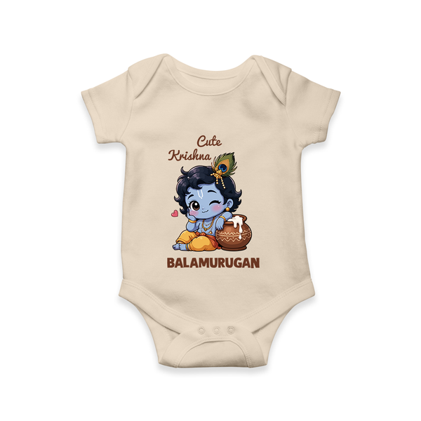 Cute Krishna Makhan Matki Print Romper - IVORY - New Born (Chest 14")