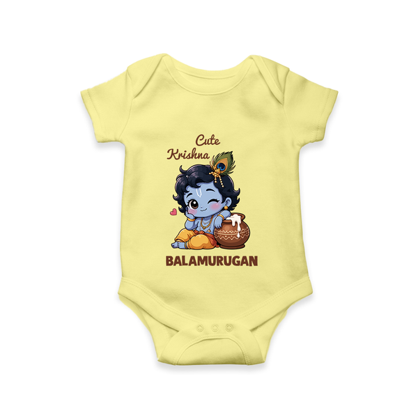 Cute Krishna Makhan Matki Print Romper - PASTEL YELLOW - New Born (Chest 14")