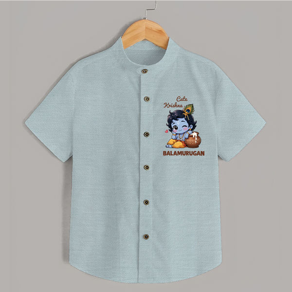 Cute Krishna Makhan Matki Print Shirt - ARCTIC BLUE - 0 - 6 Months Old (Chest 23")