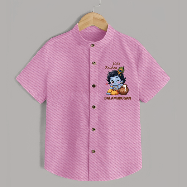 Cute Krishna Makhan Matki Print Shirt - BABY PINK - 0 - 6 Months Old (Chest 23")