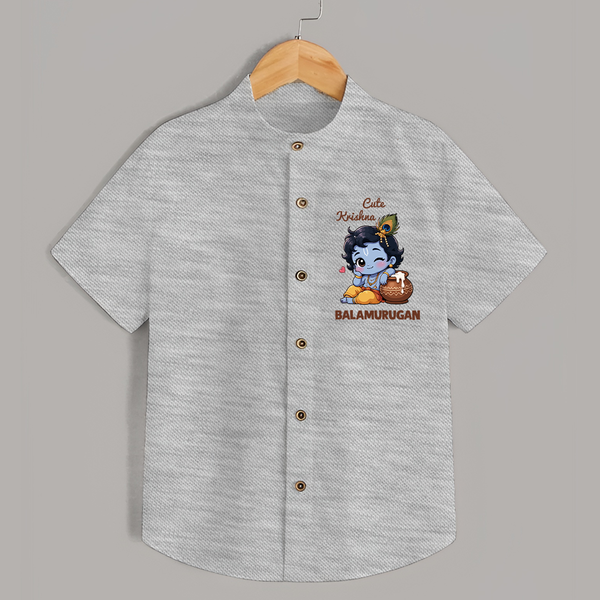 Cute Krishna Makhan Matki Print Shirt - GREY - 0 - 6 Months Old (Chest 23")