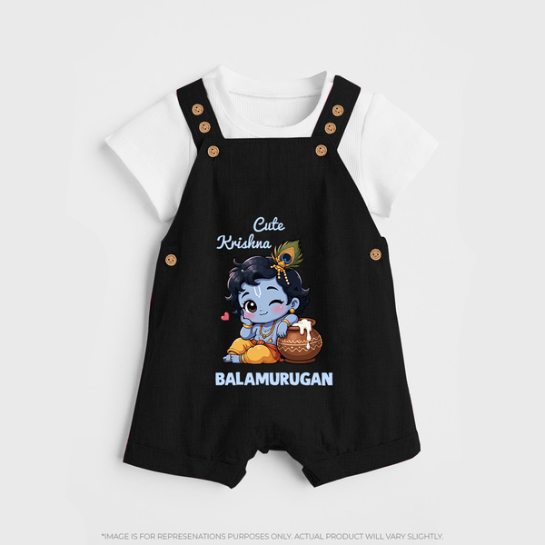 Cute Krishna Makhan Matki Print Dungaree - BLACK - 0 - 5 Months Old (Chest 18")