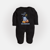 Cute Krishna Makhan Matki Print Fullbody suit - BLACK - New Born (Chest 7.5")