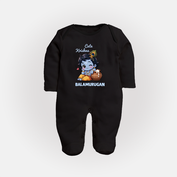 Cute Krishna Makhan Matki Print Fullbody suit - BLACK - New Born (Chest 7.5")