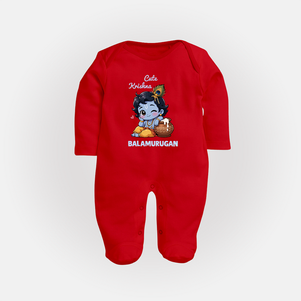 Cute Krishna Makhan Matki Print Fullbody suit - RED - New Born (Chest 7.5")