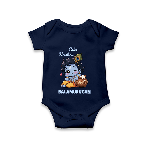 Cute Krishna Makhan Matki Print Romper - NAVY BLUE - New Born (Chest 14")