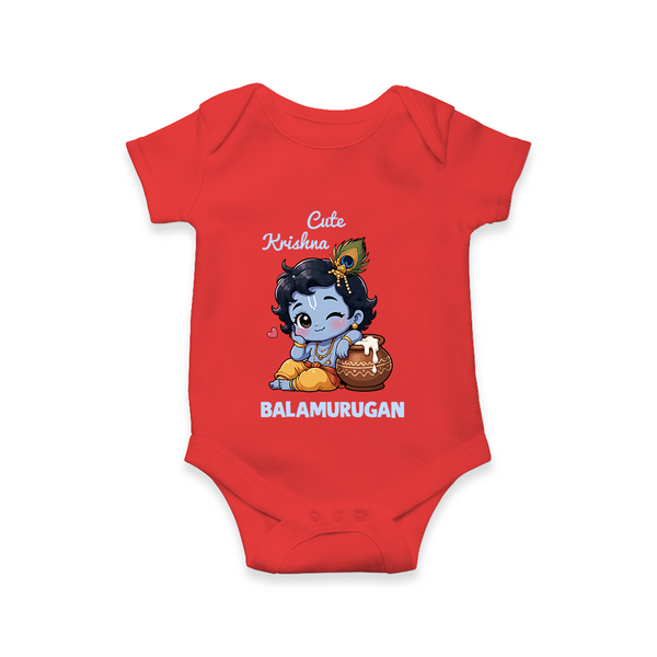 Cute Krishna Makhan Matki Print Romper - RED - New Born (Chest 14")