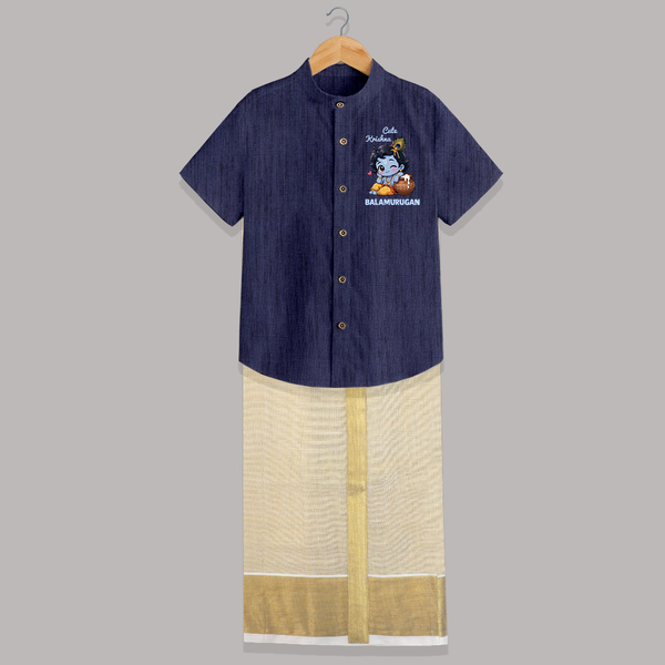 Cute Krishna Makhan Matki Print Shirt and Dhoti - DARK BLUE - 0 - 6 Months Old (Chest-23") (Dhoti length-14")