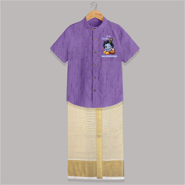 Cute Krishna Makhan Matki Print Shirt and Dhoti - ROYAL PURPLE - 0 - 6 Months Old (Chest-23") (Dhoti length-14")