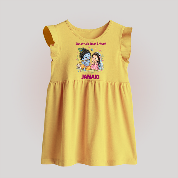 Krishna Radha Friendship Love Print Baby Frock - PASTEL YELLOW - 0 - 3 Months Old (Chest 17")