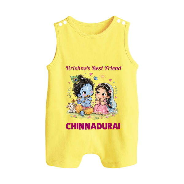 Krishna Radha Friendship Love Print Button Romper - PASTEL YELLOW - New Born (Chest 18")