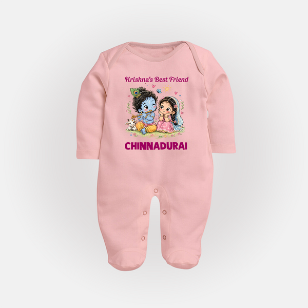 Krishna Radha Friendship Love Print Fullbody suit - BABY PINK - New Born (Chest 7.5")