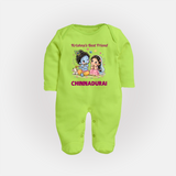 Krishna Radha Friendship Love Print Fullbody suit - LIME GREEN - New Born (Chest 7.5")