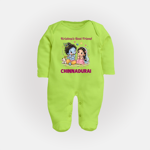 Krishna Radha Friendship Love Print Fullbody suit - LIME GREEN - New Born (Chest 7.5")