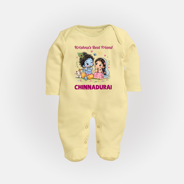 Krishna Radha Friendship Love Print Fullbody suit - PASTEL YELLOW - New Born (Chest 7.5")
