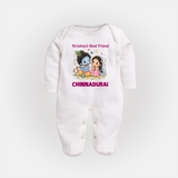 Krishna Radha Friendship Love Print Fullbody suit - WHITE - New Born (Chest 7.5")