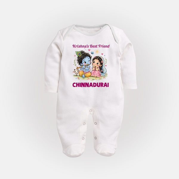 Krishna Radha Friendship Love Print Fullbody suit - WHITE - New Born (Chest 7.5")