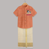 Krishna Radha Friendship Love Print Shirt and Dhoti - ORANGE - 0 - 6 Months Old (Chest-23") (Dhoti length-14")