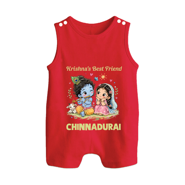 Krishna Radha Friendship Love Print Button Romper - RED - New Born (Chest 18")