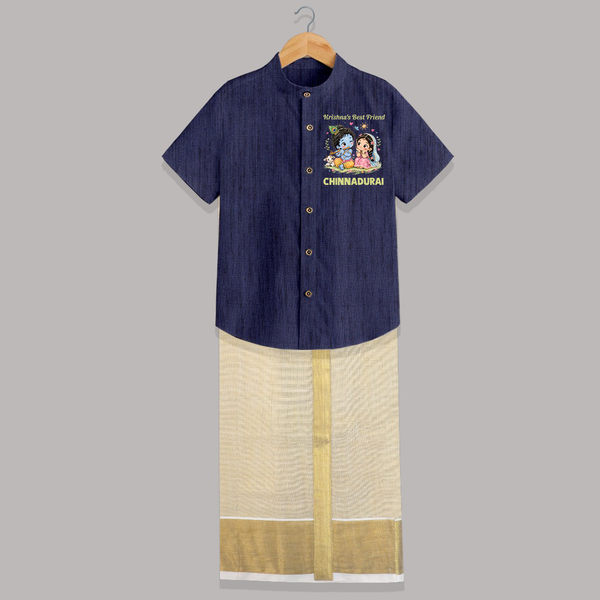 Krishna Radha Friendship Love Print Shirt and Dhoti - DARK BLUE - 0 - 6 Months Old (Chest-23") (Dhoti length-14")