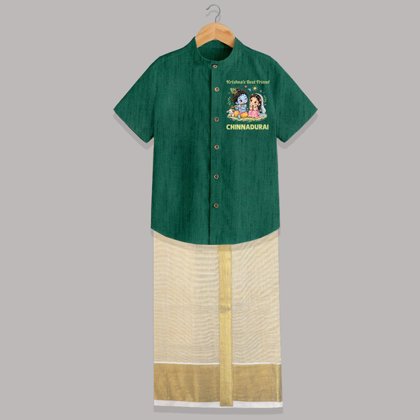 Krishna Radha Friendship Love Print Shirt and Dhoti - DARK GREEN - 0 - 6 Months Old (Chest-23") (Dhoti length-14")