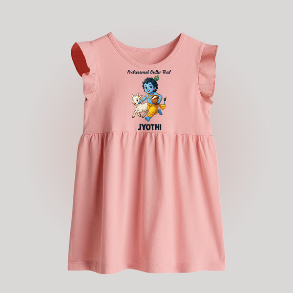 Professional Makhan Chor Krishna Print Baby Frock - BABY PINK - 0 - 3 Months Old (Chest 17")
