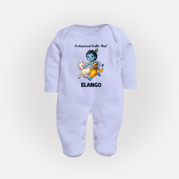 Professional Makhan Chor Krishna Print Fullbody suit - BABY BLUE - New Born (Chest 7.5")
