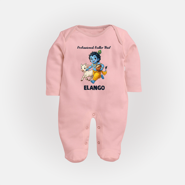 Professional Makhan Chor Krishna Print Fullbody suit - BABY PINK - New Born (Chest 7.5")