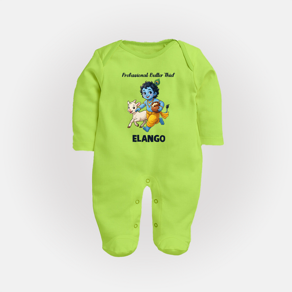Professional Makhan Chor Krishna Print Fullbody suit - LIME GREEN - New Born (Chest 7.5")