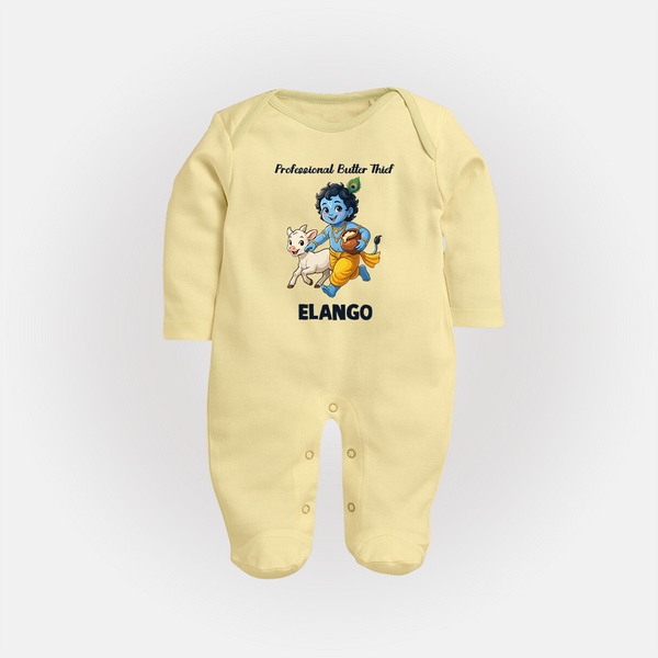 Professional Makhan Chor Krishna Print Fullbody suit - PASTEL YELLOW - New Born (Chest 7.5")