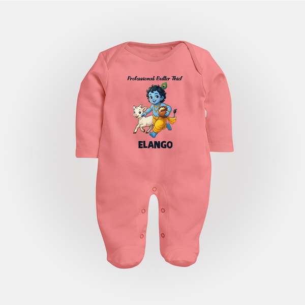 Professional Makhan Chor Krishna Print Fullbody suit - PEACH - New Born (Chest 7.5")
