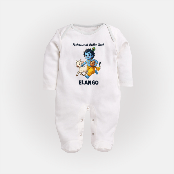 Professional Makhan Chor Krishna Print Fullbody suit - WHITE - New Born (Chest 7.5")