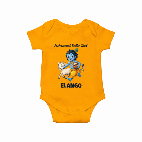 Professional Makhan Chor Krishna Print Romper - CHROME YELLOW - New Born (Chest 14")