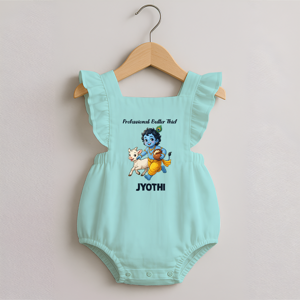 Professional Makhan Chor Krishna Print Romper Frock - MINT GREEN - 0 - 3 Months Old (Chest 19")