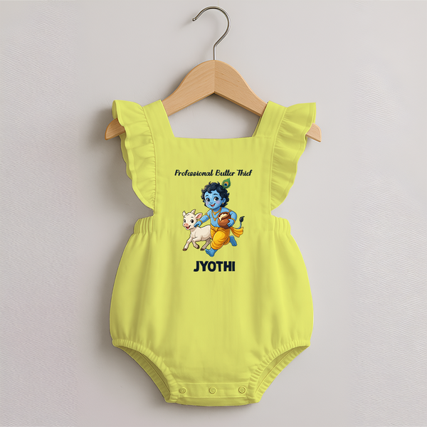 Professional Makhan Chor Krishna Print Romper Frock - PASTEL YELLOW - 0 - 3 Months Old (Chest 19")