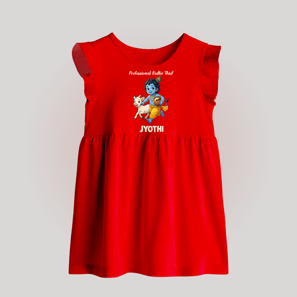 Professional Makhan Chor Krishna Print Baby Frock - RED - 0 - 3 Months Old (Chest 17")