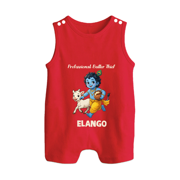 Professional Makhan Chor Krishna Print Button Romper - RED - New Born (Chest 18")