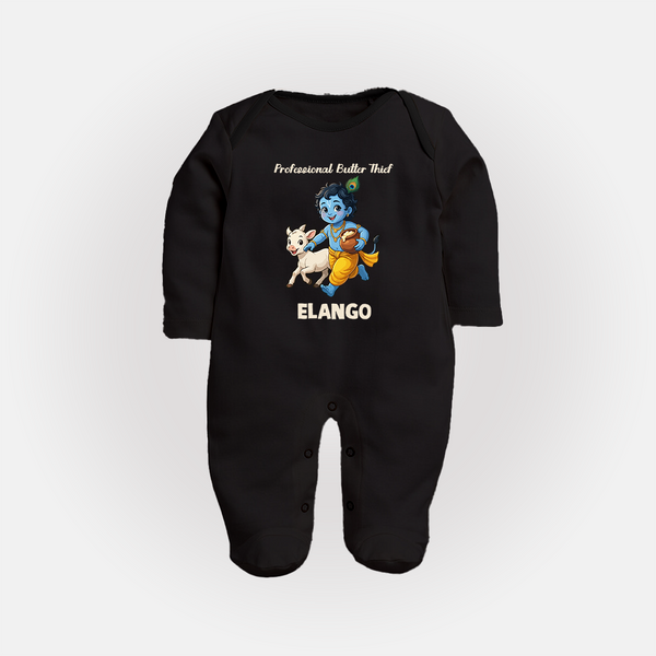 Professional Makhan Chor Krishna Print Fullbody suit - BLACK - New Born (Chest 7.5")
