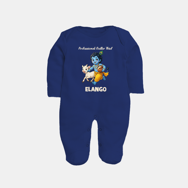 Professional Makhan Chor Krishna Print Fullbody suit - NAVY BLUE - New Born (Chest 7.5")