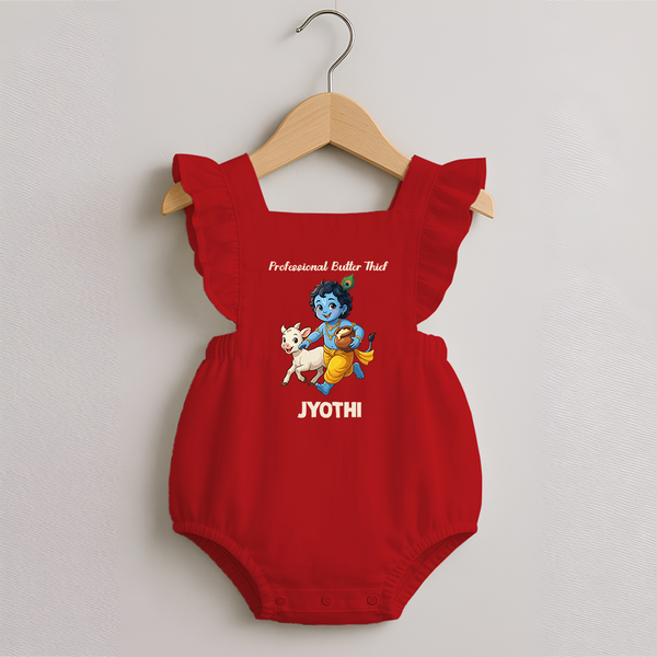 Professional Makhan Chor Krishna Print Romper Frock - RED - 0 - 3 Months Old (Chest 19")