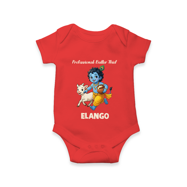 Professional Makhan Chor Krishna Print Romper - RED - New Born (Chest 14")